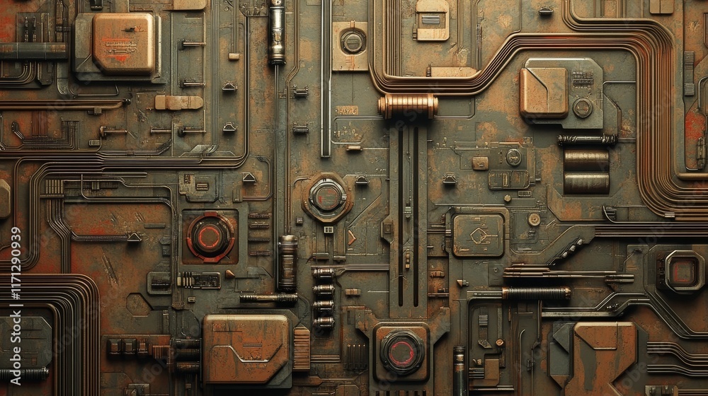 Fototapeta premium Abstract close-up of a textured, industrial panel with intricate circuitry and rust.