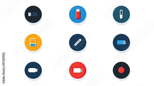 Nine colorful circular icons depicting various storage devices and batteries. photo