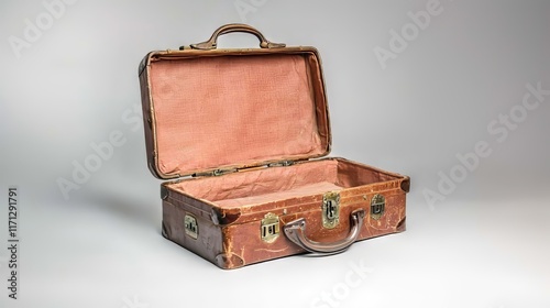 Old vintage suitcase, antique leather trunk in retro style, brown and open, isolated on white. Ideal for travel, souvenirs and hotel themed decor.