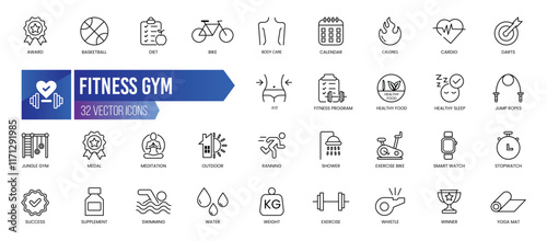 FITNESS - Outline Icon Collection. Thin Line Set contains such Icons as Award, Basketball, Bike, Body Care, Calendar, Calories and more. Simple web icons set.