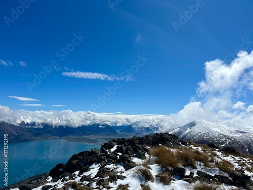 mountains with snow blue lake  photo