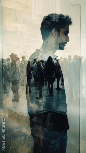 double exposure of man with crowd in background, creating surreal effect