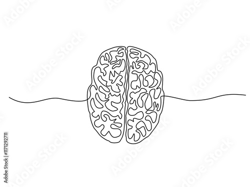 Continuous one line illustration of a human brain, a doodle style single line drawing of a brain isolated on white background, brainy vibes, Vector illustration, Editable stroke