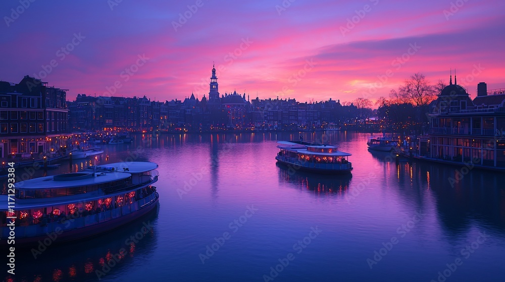 Naklejka premium Scenic twilight cityscape with boats on canal.