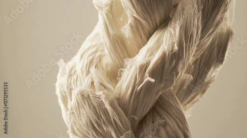 Close-up of Twisted Natural Fiber Rope with Soft Texture Against a Neutral Background, Highlighting the Intricate Weave and Organic Material Characteristics