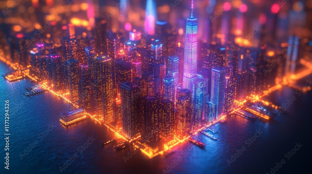 Naklejka premium Vibrant futuristic city at night, illuminated skyscrapers, waterfront view.