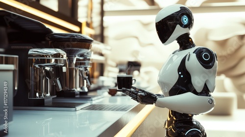 A Robot Barista Serves Coffee In A Modern Cafe photo