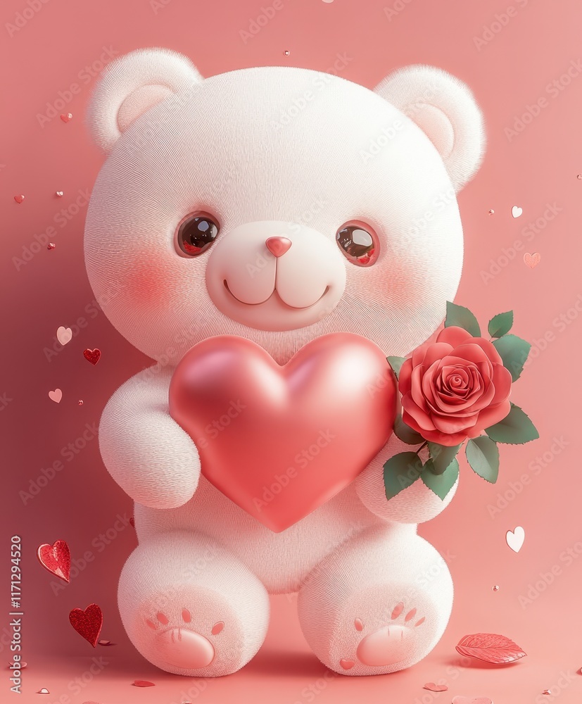 Adorable fluffy teddy bear holding a shiny red heart and a vibrant red rose. Surrounded by glitter, small hearts, and a soft pink gradient background. Perfect for Valentine's Day. Adorable fluffy teddy bear holding a shiny red heart and a vibrant red rose. Surrounded by glitter, small hearts, and a soft pink gradient background. Perfect for Valentine's Day.