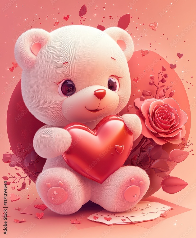 Obraz premium Adorable fluffy teddy bear holding a shiny red heart and a vibrant red rose. Surrounded by glitter, small hearts, and a soft pink gradient background. Perfect for Valentine's Day.