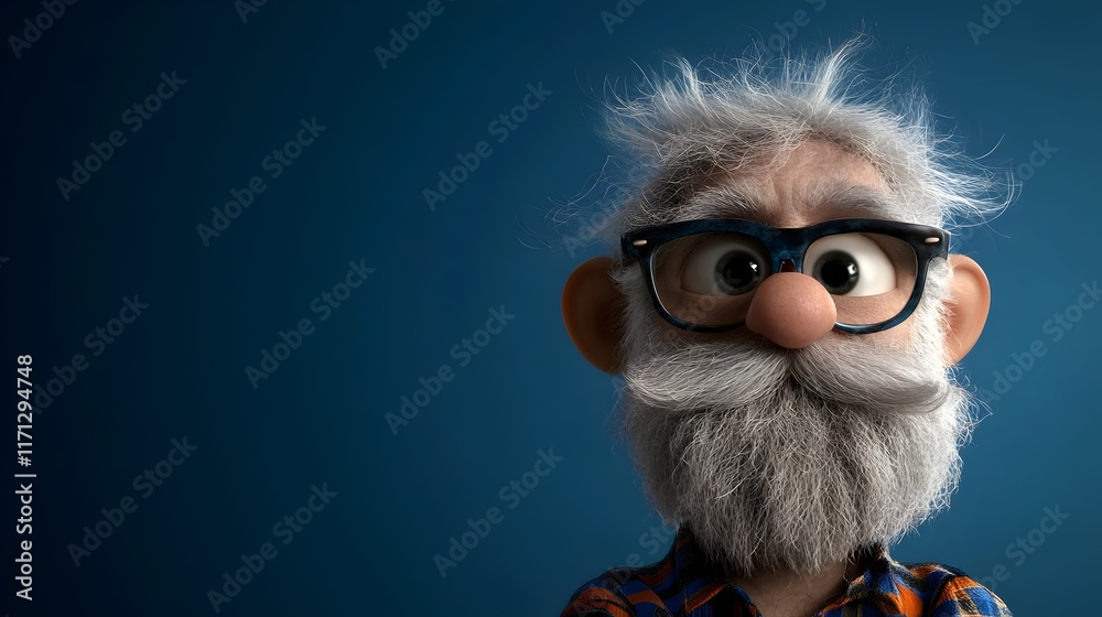 Fototapeta premium A whimsical cartoon character with glasses, a bushy beard, and wild hair, set against a solid blue background, exuding a charming and friendly vibe.