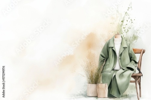 A soft watercolor painting of a khaki green jacket draped on a rustic chair, with warm earthy tones blending into the background
