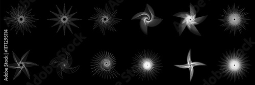 Abstract shapes, basic brutal forms and retro figures in Y2K aesthetics, vintage stickers, logos and labels. Decorative design element set, vector illustration on dark background.