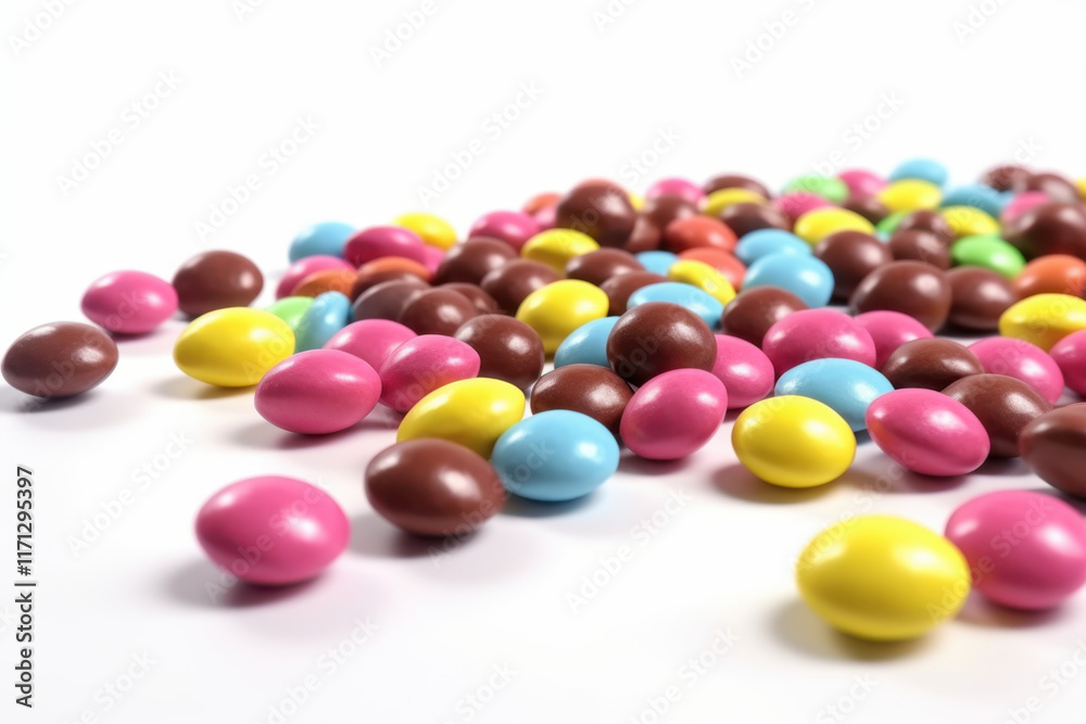 Scattered candy-coated chocolates with vibrant colors and glossy textures Scattered candy-coated chocolates with vibrant colors and glossy textures