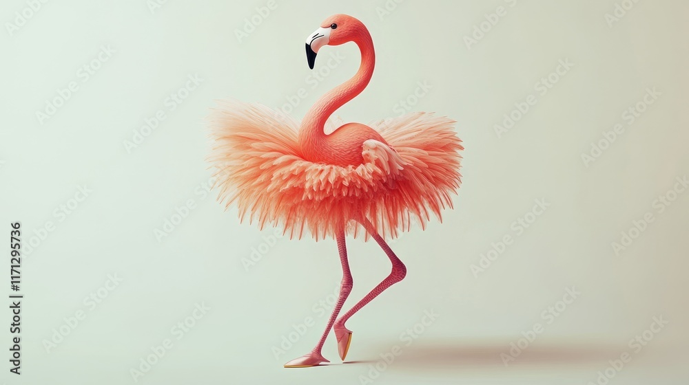 Fototapeta premium Pink flamingo wearing a fluffy tutu, posed elegantly against a muted background.