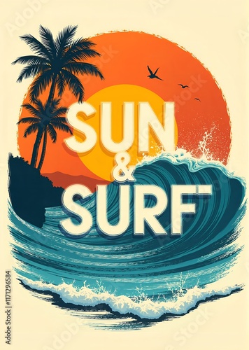 A vintage-style surf poster with crashing waves and sandy beach, evoking coastal vibes, surfer amidst vibrant palms