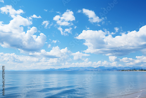 serene and infinite expanse of a harmonious combination of a blue sea and sky on horizon, accompanied by playful clouds, evokes a natural symphony photo