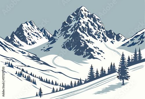 Snowy mountain landscape illustration in blue and white, perfect for winter wall art