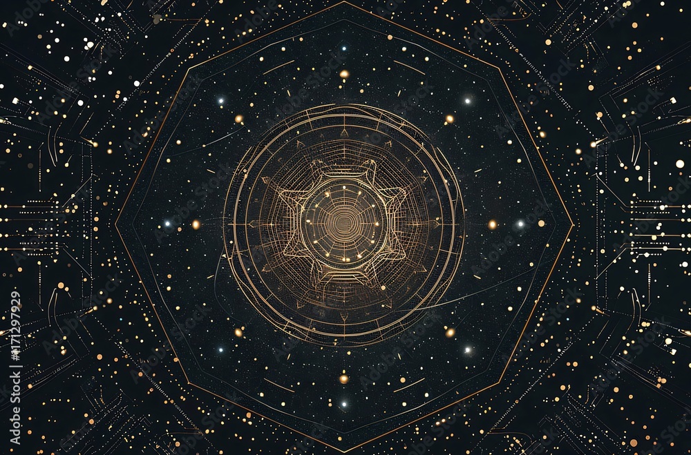 Abstract geometric mandala design with glowing lines and stars. Abstract geometric mandala design with glowing lines and stars.