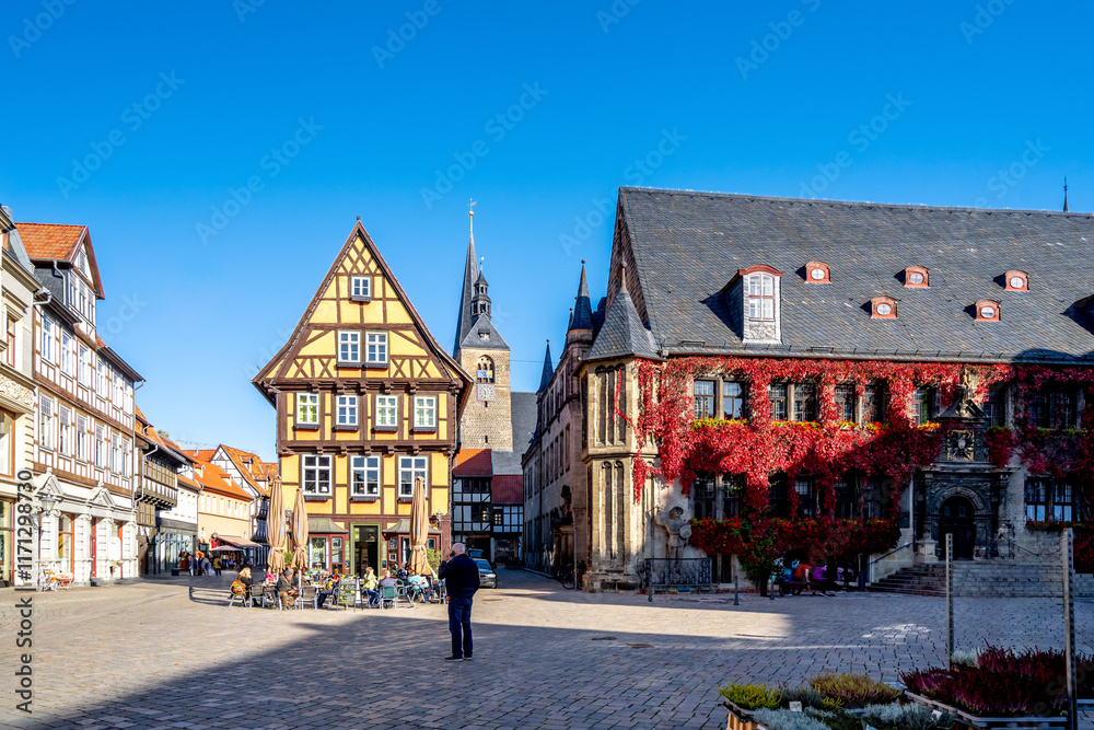 Obraz premium Markt, Rathaus, Quedlinburg, Harz, Deutschland