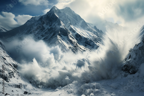 awe-inspiring spectacle of nature in motion is captured in breathtaking drama of an avalanche descending a mountain slope, with majestic peaks and turbulent snow photo