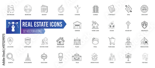 REAL ESTATE - Outline Icon Collection. Thin Line Set contains such Icons as Family, Bedroom, For Sale, Toilet, Change, Search and more. Simple web icons set.