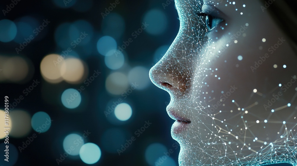 Obraz premium Abstract representation of a human profile using glowing lines and dots, symbolizing the concept of artificial intelligence technology