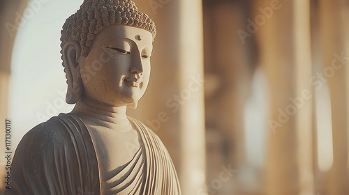 Serene Buddha statue in temple setting. photo