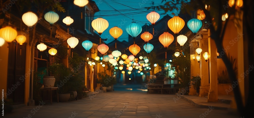 Street with hanging lanterns at night. Street with hanging lanterns at night.