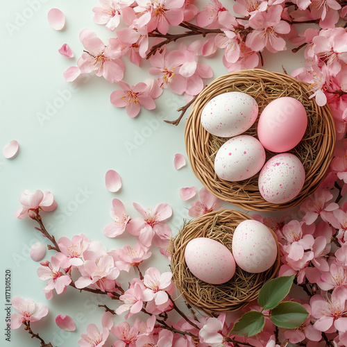 Easter baskets on a floral background, viewed from above, soft pastel spring colors, light space in the center photo