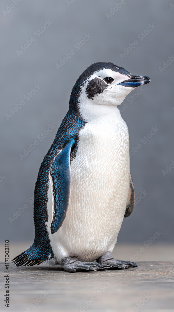 Fototapeta premium striking side view of penguin showcasing its unique features and colors. This charming bird stands proudly, exuding sense of