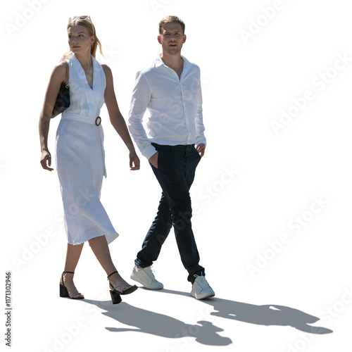 Backlit couple in elegant white summer outfits walking together isolated on white background