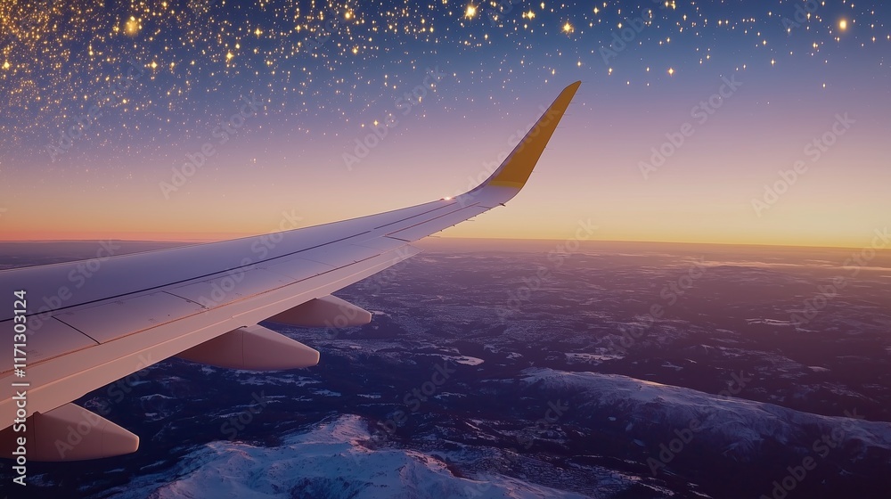 Close-up of an airplane wing above a shimmering sea of clouds, with the curvature of the Earth subtly visible Close-up of an airplane wing above a shimmering sea of clouds, with the curvature of the Earth subtly visible