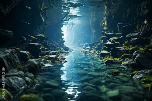 stunning link between ocean and a cave, representing ebb and flow of tides, bending of light, and harmonious coexistence of opposing forces photo