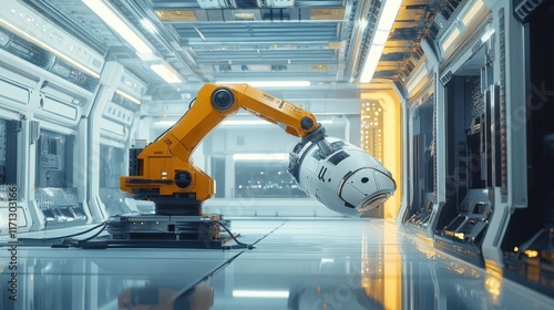 Robotic Arm Manipulating Futuristic Object In Clean Facility photo