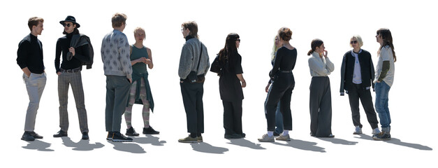 Large backlit group of young people standing and talking isolated on white background
