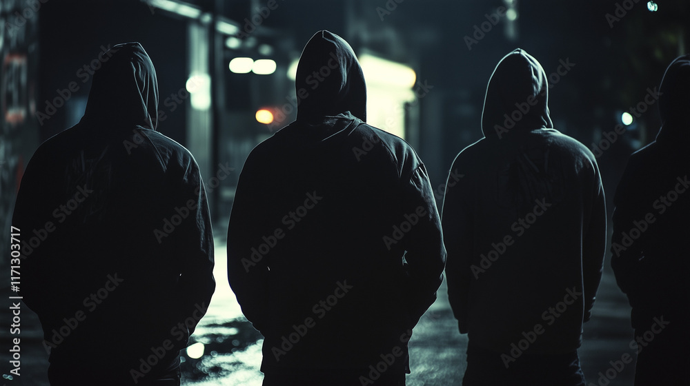 A group of youths or gang members wearing hoodies in a bleak urban setting at night, there is a sense of danger or criminal intent, wide aspect 25:14