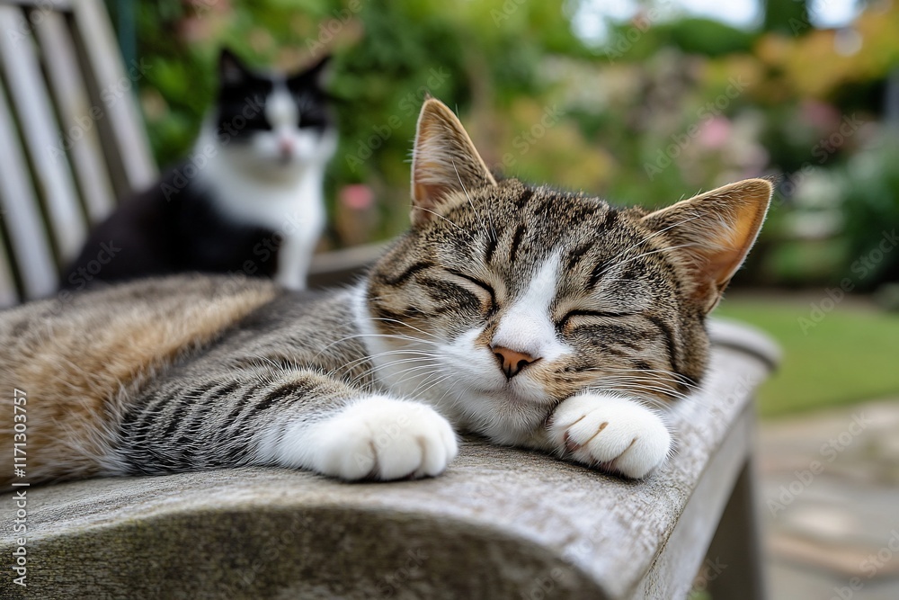 Sleeping tabby cat on bench with another cat blurred in background. Sleeping tabby cat on bench with another cat blurred in background.