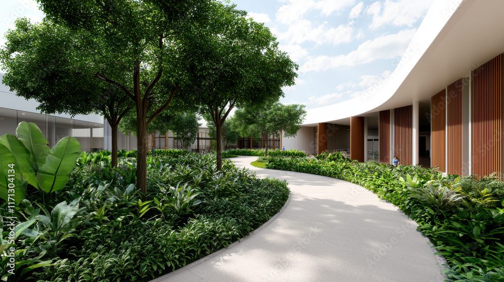 Naklejka premium hospital medicine wellness concept. serene hospital garden with lush greenery and curved pathway under sunny sky