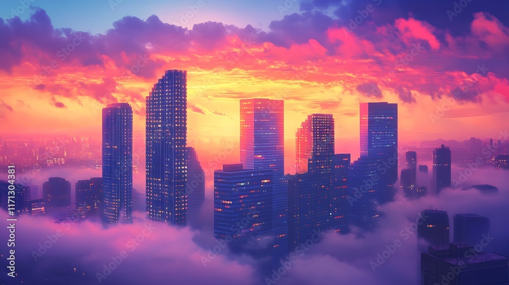 Fototapeta premium City skyline at sunrise or sunset, with a colorful sky and clouds, floating above a layer of fog or mist. Urban landscape, aerial view.
