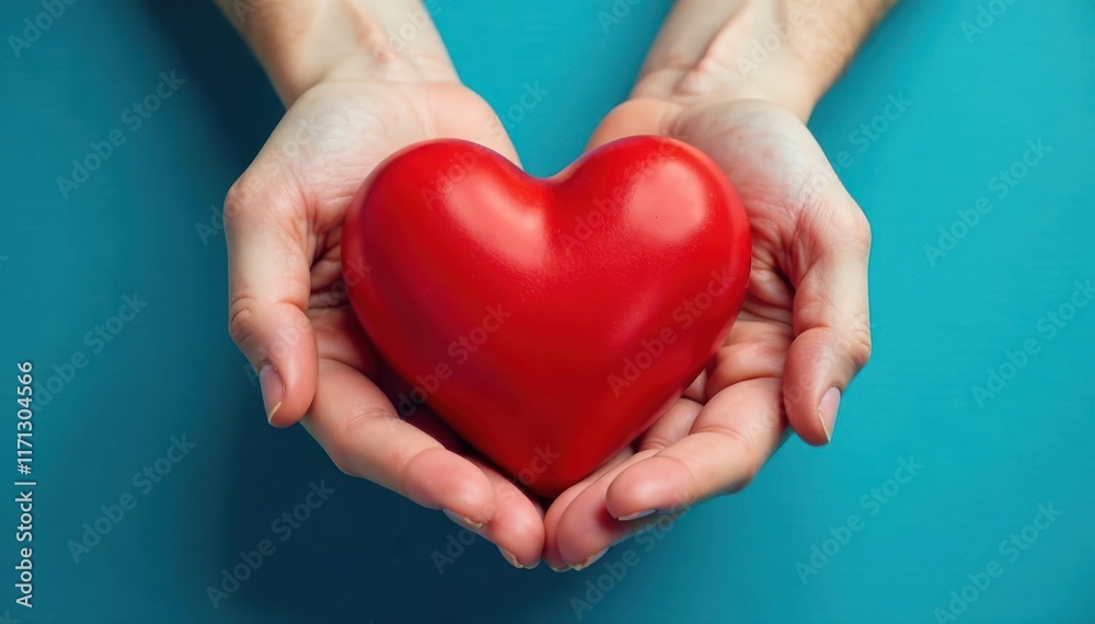 Close-up of two hands presenting a large red heart on a blue background , simple, concept Close-up of two hands presenting a large red heart on a blue background , simple, concept