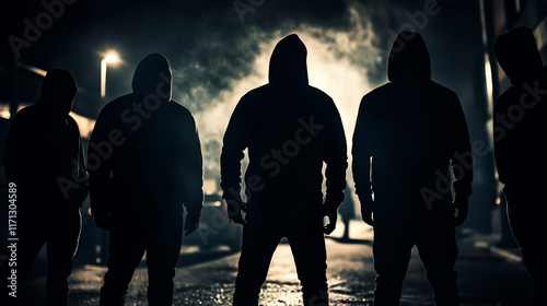 A group of youths or gang members wearing hoodies in a bleak urban setting at night, there is a sense of danger or criminal intent, wide aspect 25:14