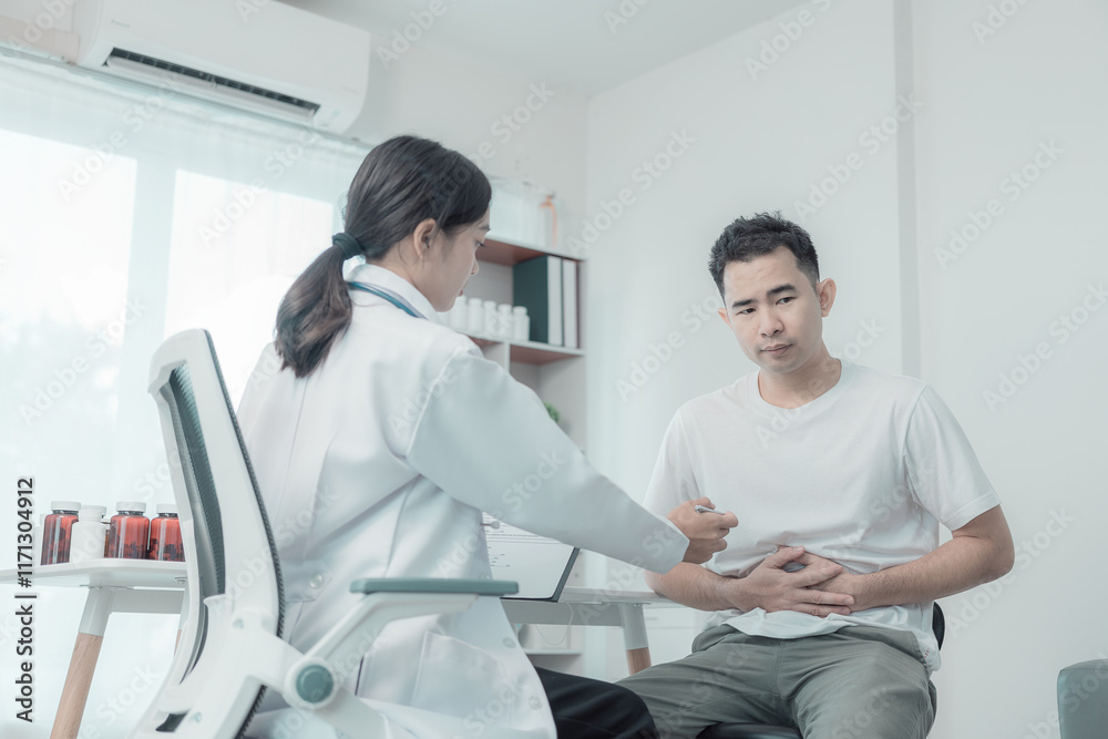 Fototapeta premium Asian man suffers from abdominal pain, ulcerative colitis. Doctor with computer tablet consulting male patient with abdominal pain in hospital examination room health technology