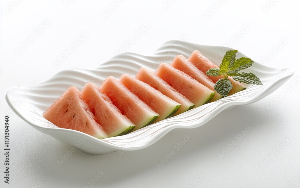 Slices of juicy watermelon on a white plate garnished with mint. Slices of juicy watermelon on a white plate garnished with mint.