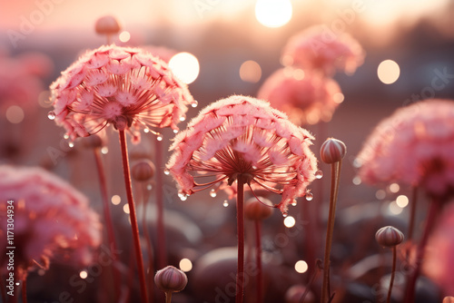 Capture ethereal beauty of a mesmerizing meadow adorned with a tapestry of untamed blossoms, immortalizing gossamer dewdrops delicately adorning their petals, all bathed in gentle, ethereal glow of da photo