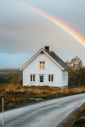 Pale-Colored House with Road and Rainbow