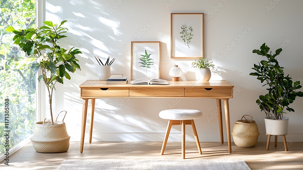 Fototapeta premium Sunlit minimalist home office with wooden desk, plants, and stool.