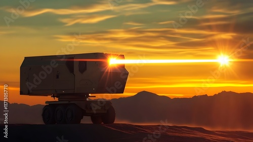 A futuristic laser weapon system silhouetted against a stunning sunset, highlighting technology and innovation in a dramatic landscape.