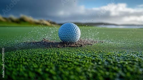 Golf ball landing in a divot on a green, water splashing around it, cloudy day.