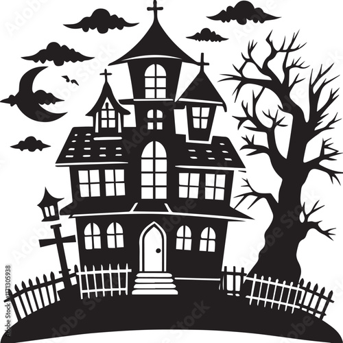 Halloween house with pumpkin, Halloween hunter house with bats. 