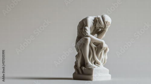 3D printed model of famous sculpture depicting contemplative figure in seated position, expressing deep emotion and thought. artwork showcases intricate details and smooth finish photo